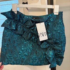 Zara Metallic Teal Ruffle Mini Skirt